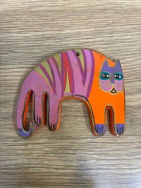 Vintage Laura Burch Wooden Hand-Painted Colorful Cat Ornament/Pendant